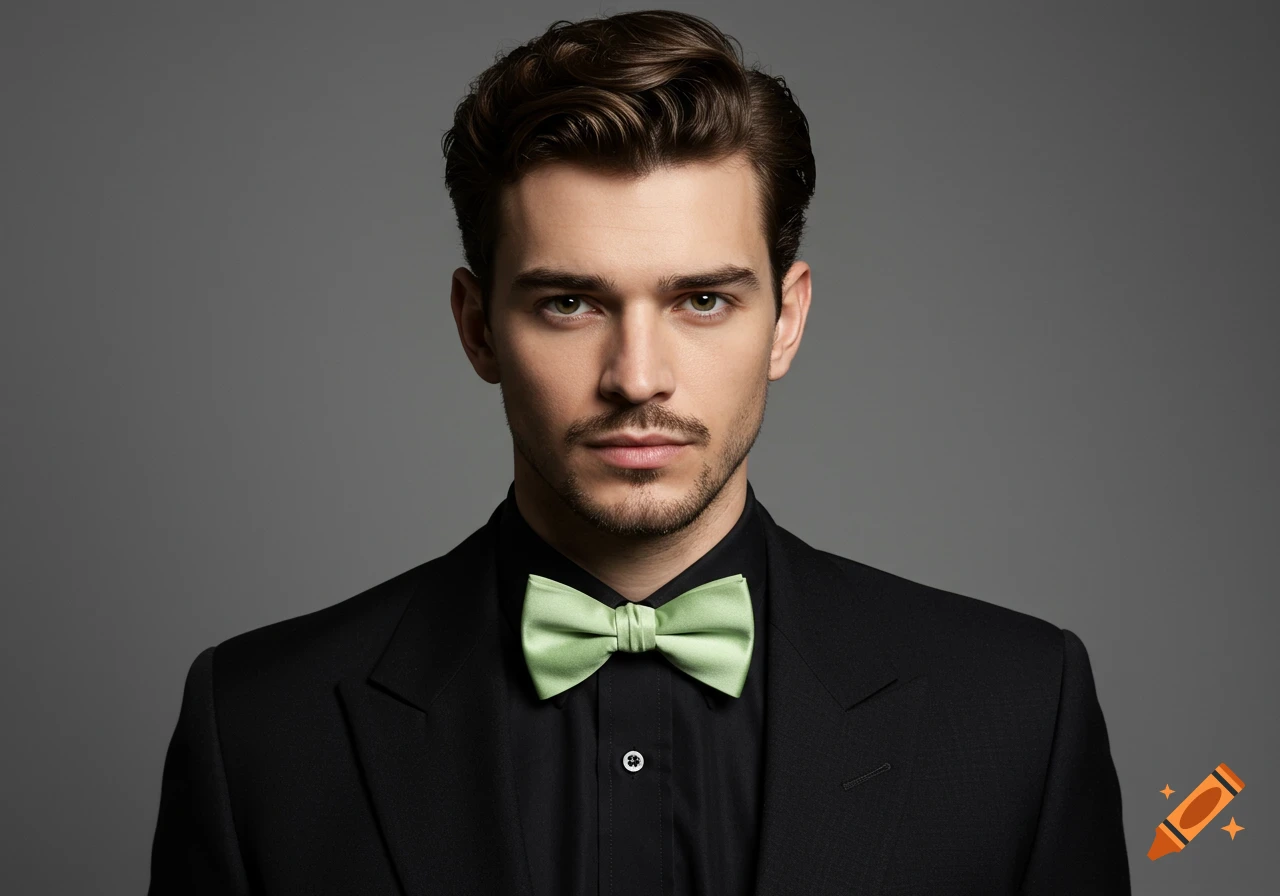 Photorealistic portrait of a man in a black suit, black shirt, and light green bowtie