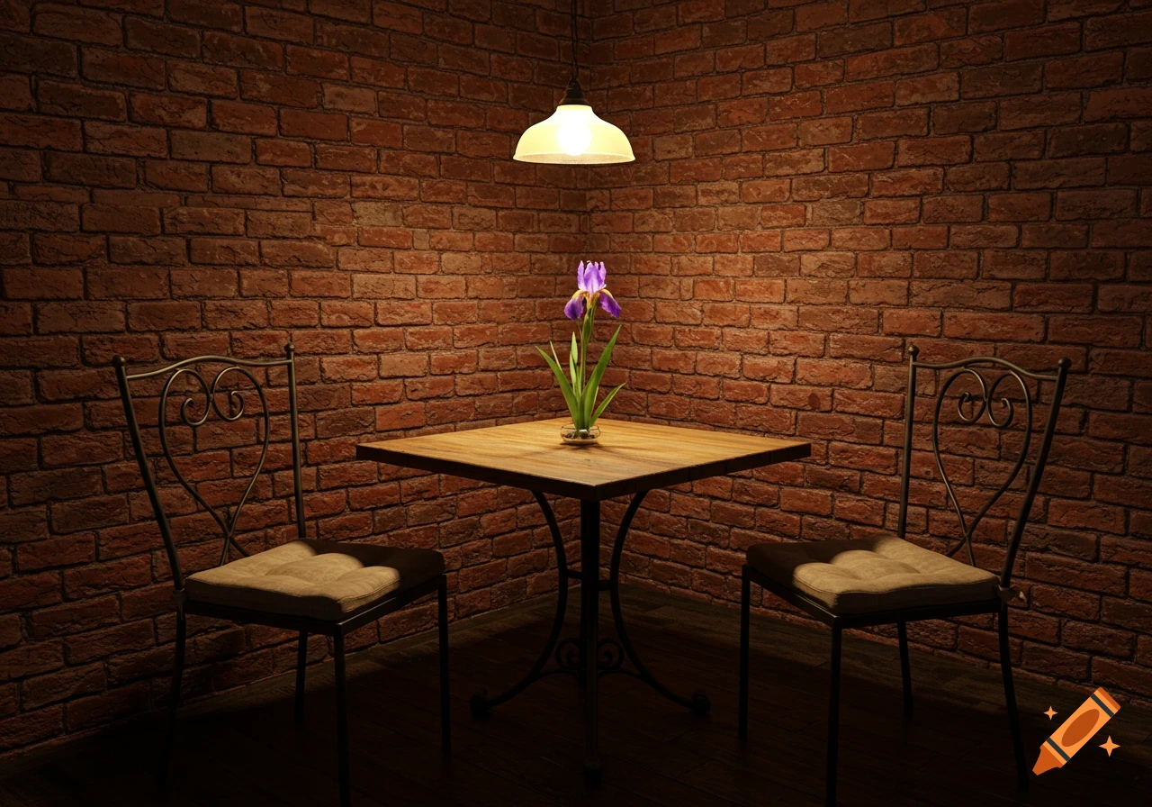 Photorealistic image of a table and chairs in a brick-walled cafe corner with an iris flower and lamp.