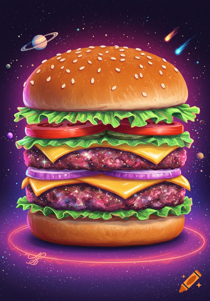 A tall burger with galaxy-patterned patties and standard toppings against a starry space background.