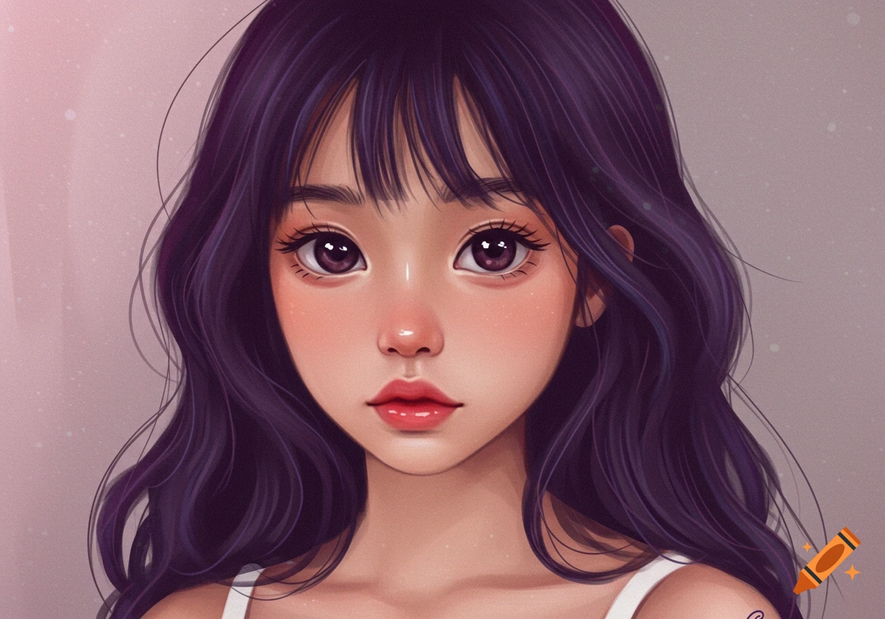 Portrait of an Asian girl with dark purple hair.