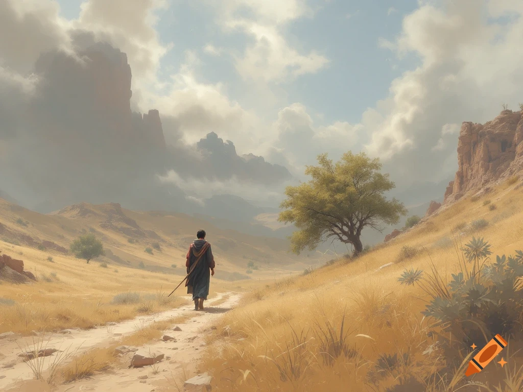 A person walks on a path through a desert landscape under cloudy skies.