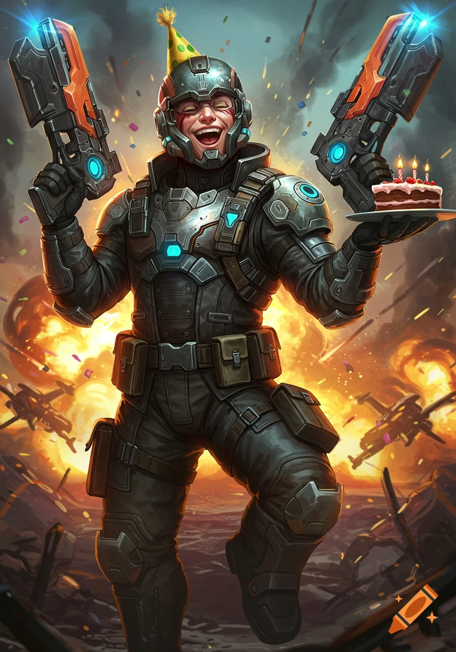 A futuristic soldier in armor and a party hat holds two large guns and a birthday cake with candles, celebrating amidst explosions.