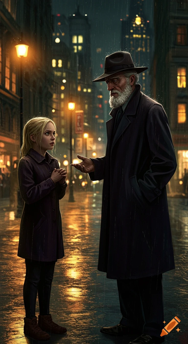 An old man converses with a young girl on a rainy city street at night.