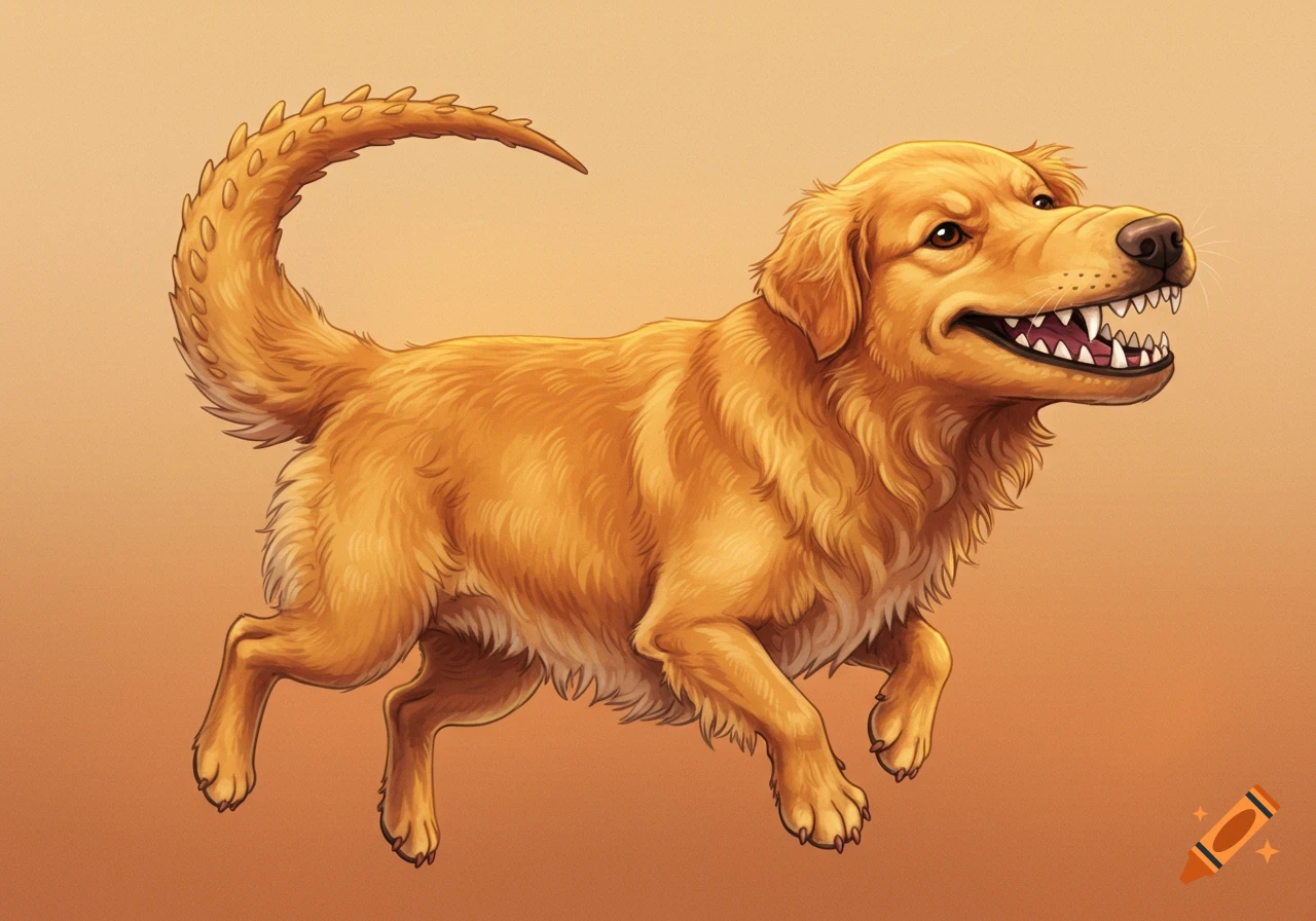 A golden retriever-like dog with a spiky tail and sharp teeth.