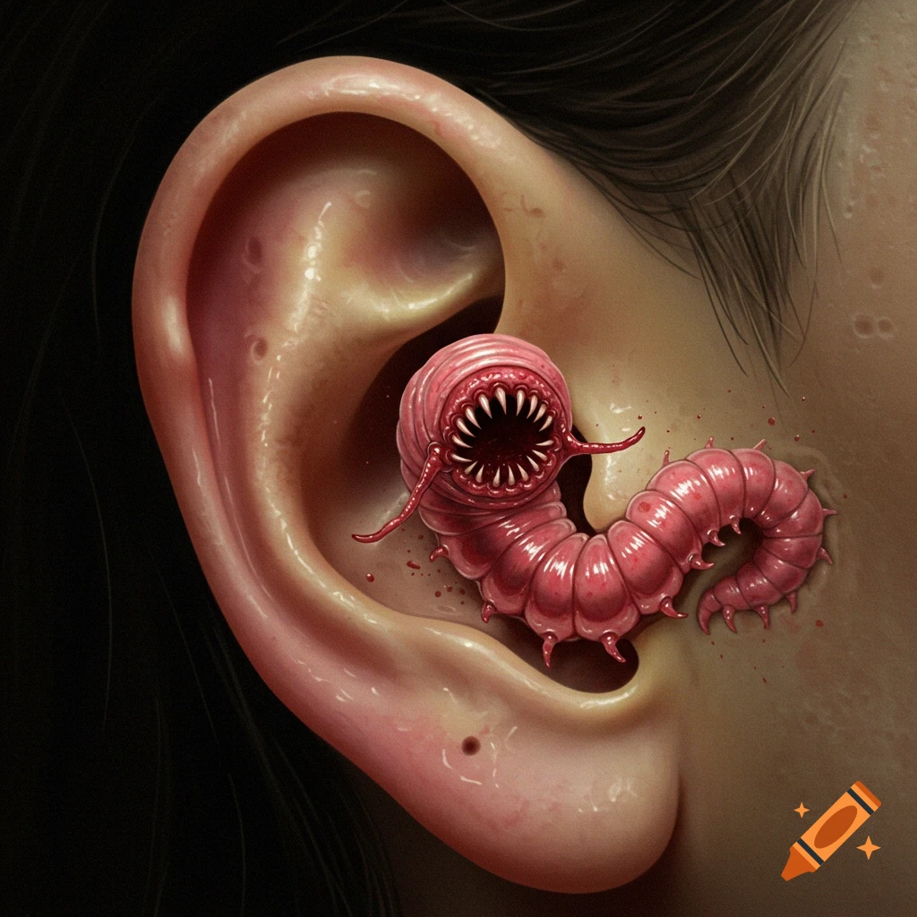 A pink, segmented creature with sharp teeth burrowing into a human ear.