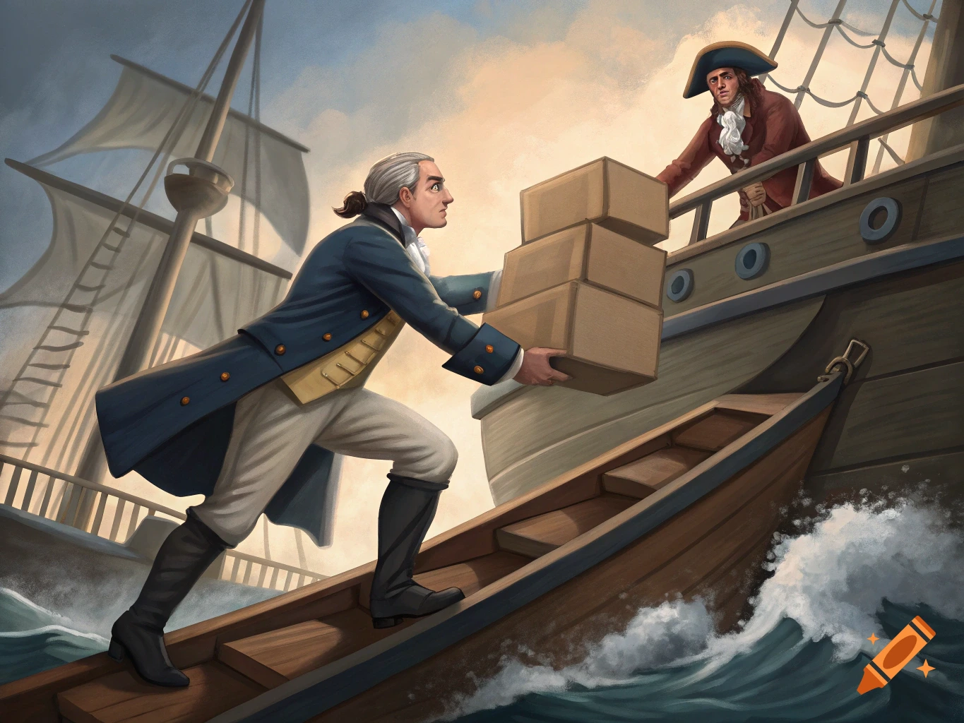 A figure in a blue coat hands stacked boxes up an inclined plane to a figure in a red coat on a ship deck. Illustrated.