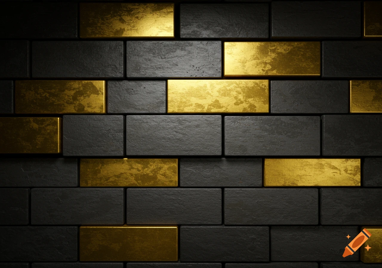 A close up texture of a wall made of dark grey and gold bricks.