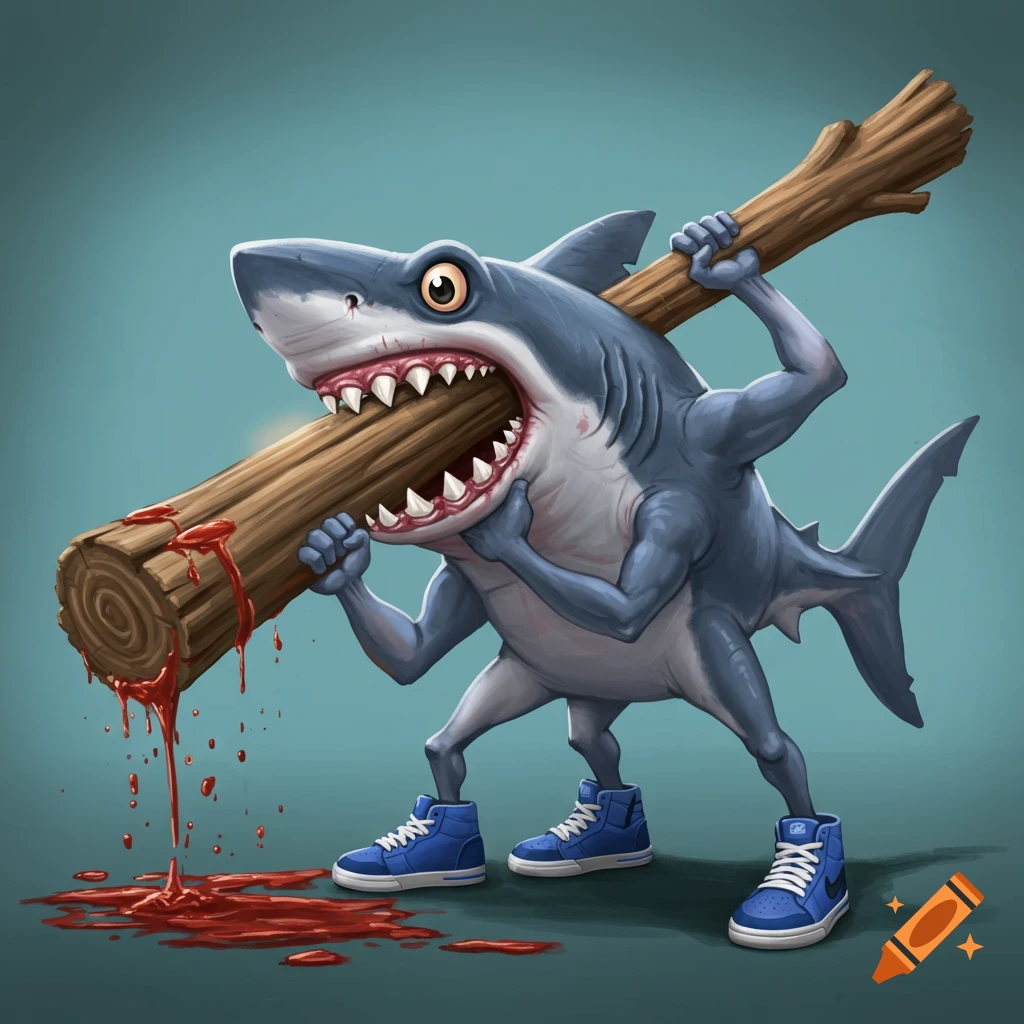A muscular cartoon shark with legs and arms wears blue sneakers while biting a large log dripping with red liquid.