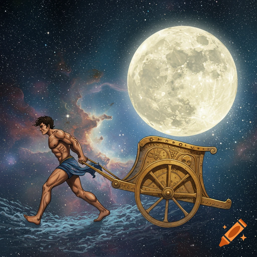 Illustration of a muscled man pulling a golden chariot across a starry space surface towards a large moon.