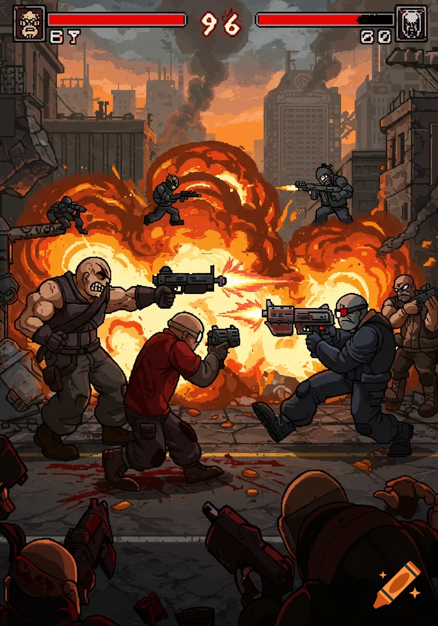 Pixel art combat scene in a destroyed city street with an explosion, featuring several armed characters fighting.
