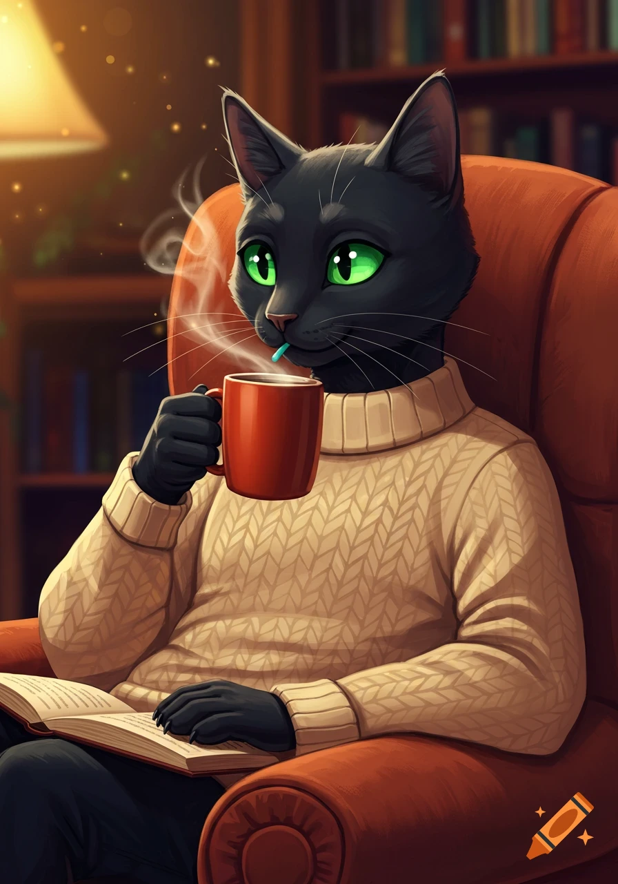 An anthropomorphic black cat wearing a sweater sits reading a book and drinking coffee