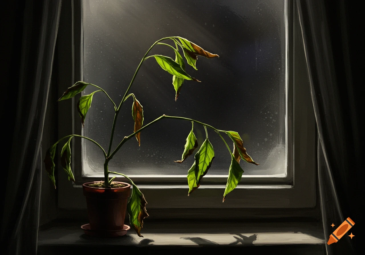 A dying potted plant by a window with dark curtains.