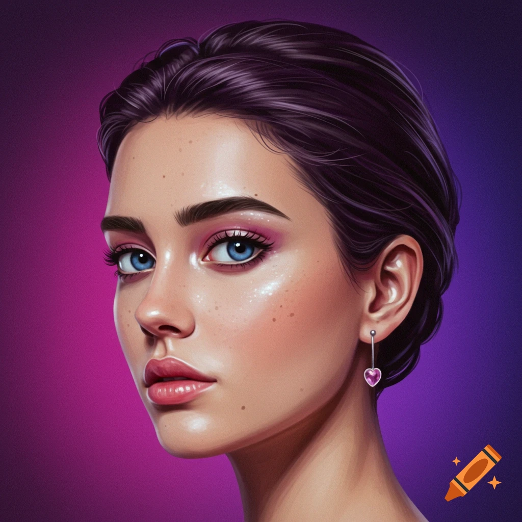A portrait of a woman with blue eyes and pink eyeshadow wearing a heart earring.