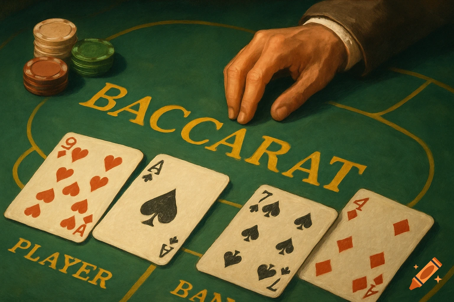 A hand reaches for cards on a baccarat table with chips.