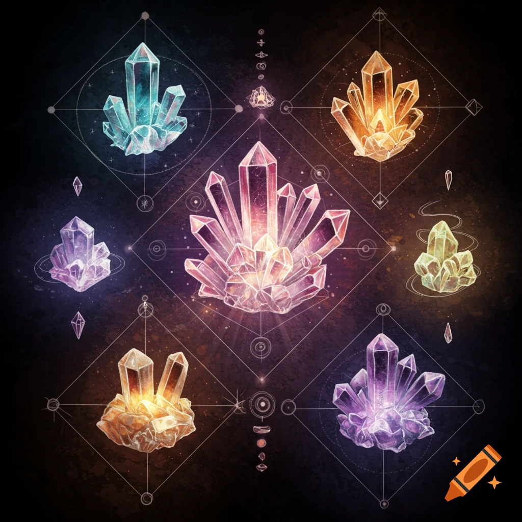 Colorful crystal clusters and geometric patterns on a dark background