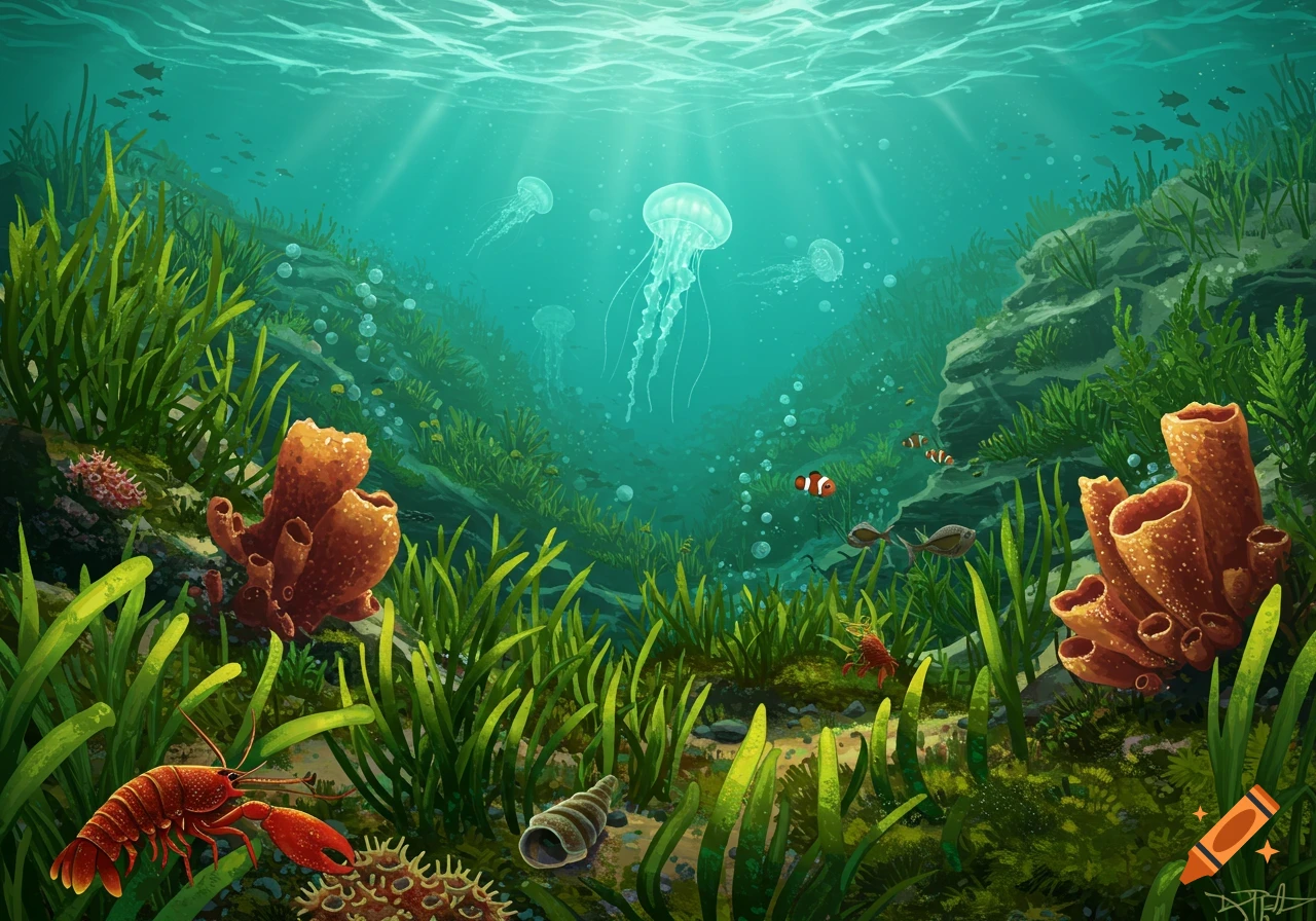 An underwater scene with seagrass, sponges, jellyfish, fish, and a lobster.