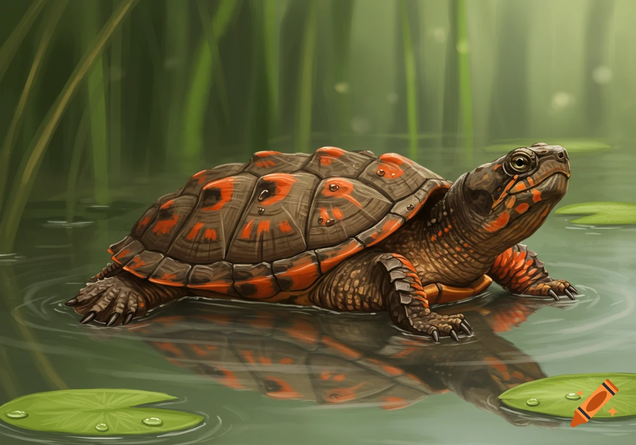 A turtle with orange markings is in a pond with reeds and lily pads.