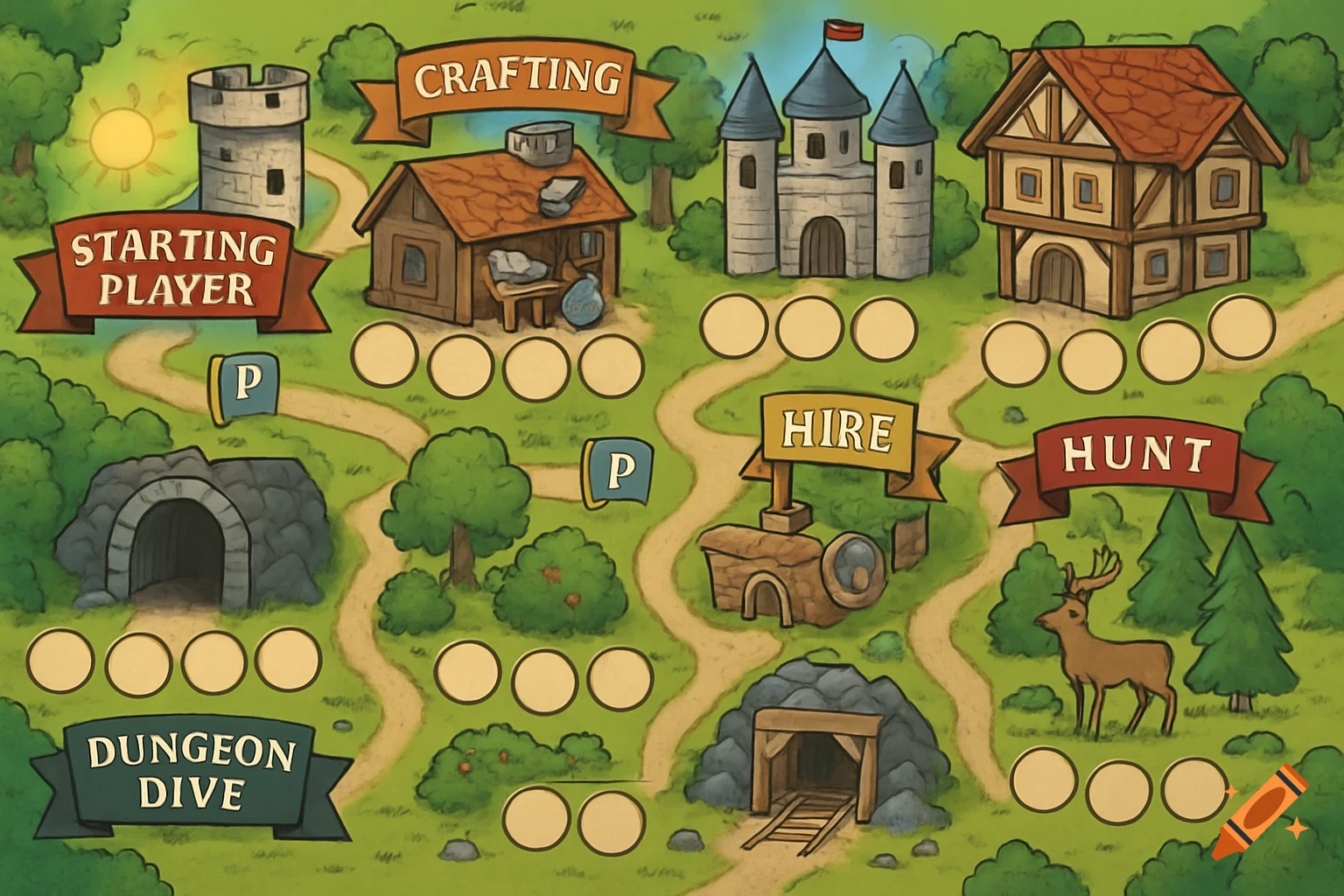 A cartoony fantasy game board with locations like Crafting and Dungeon Dive, paths, and worker placement circles.
