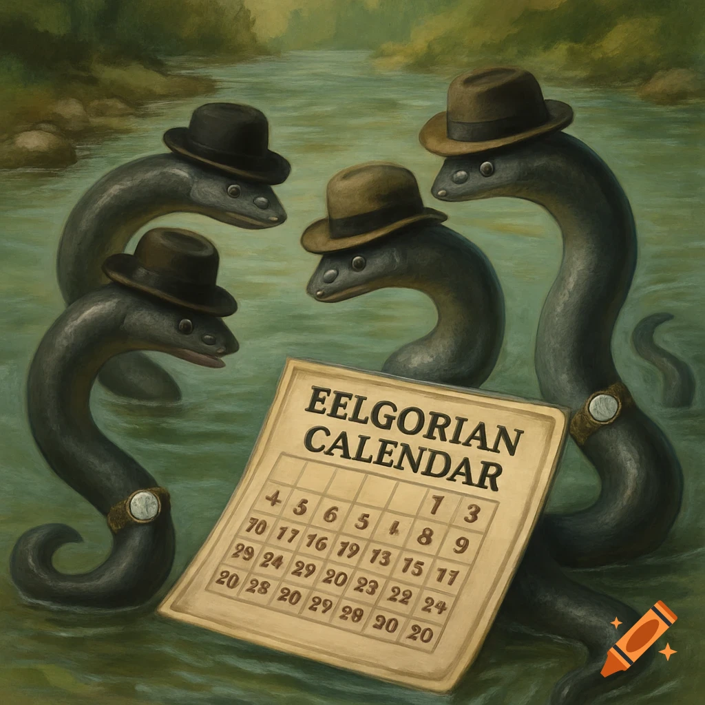 Eels In Business Hats Looking At Eelgorian Calendar In A River On Craiyon Eels in business hats looking at eelgorian calendar in a river on craiyon