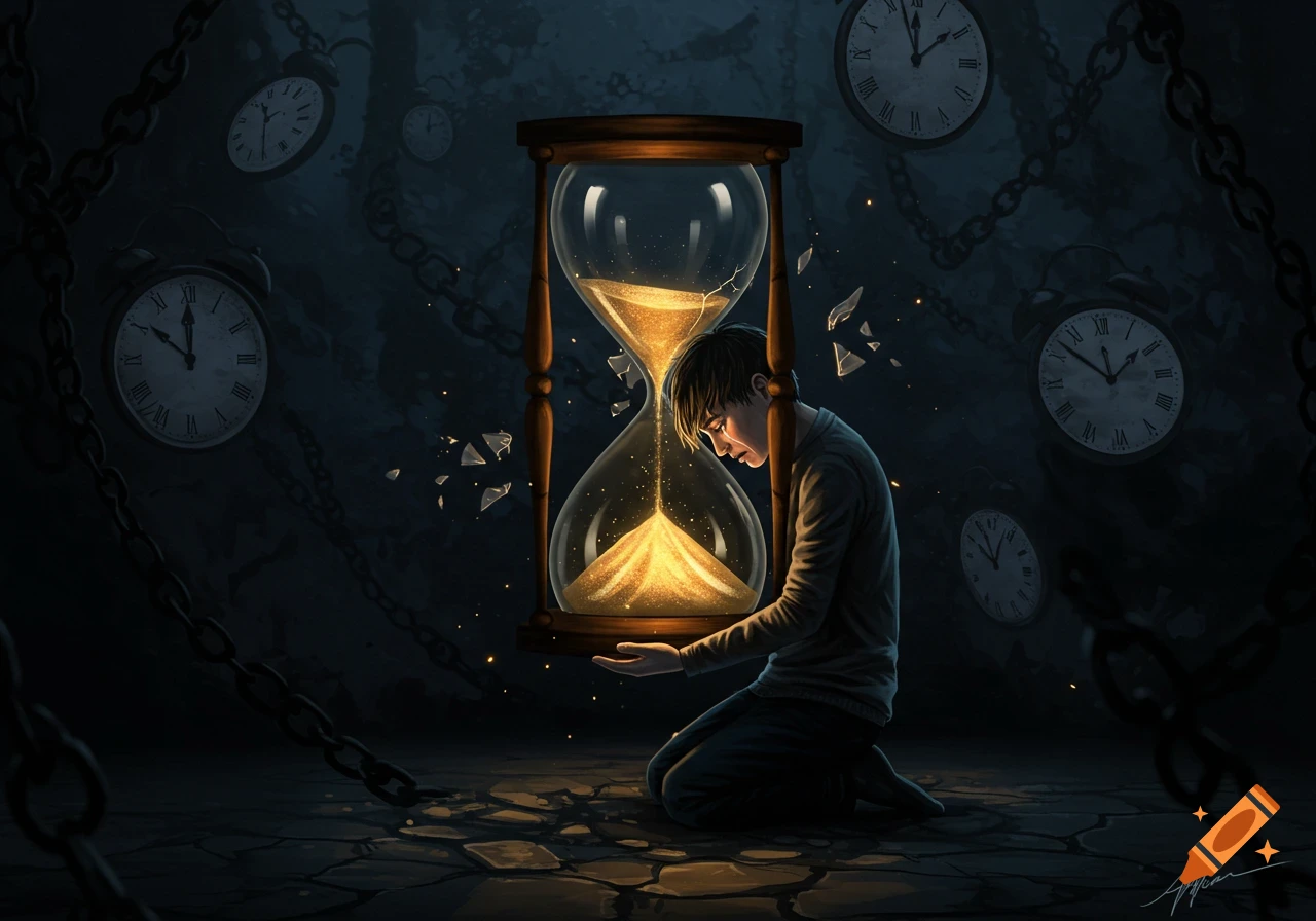 A person kneels, holding a broken hourglass with glowing sand falling. Clocks hang in a dark background.