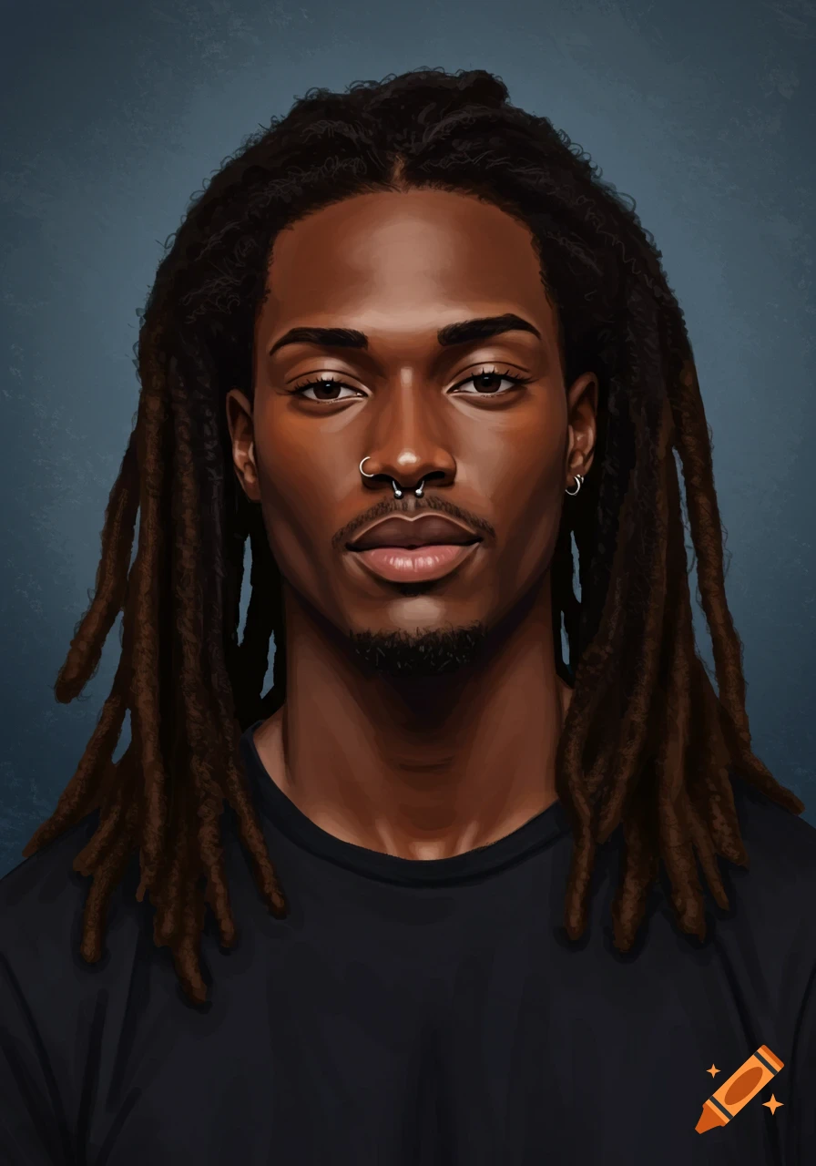 A portrait of a Black man with dreadlocks and facial piercings.
