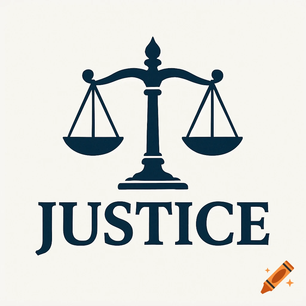 A logo featuring scales of justice above the dark blue word JUSTICE on a light background.