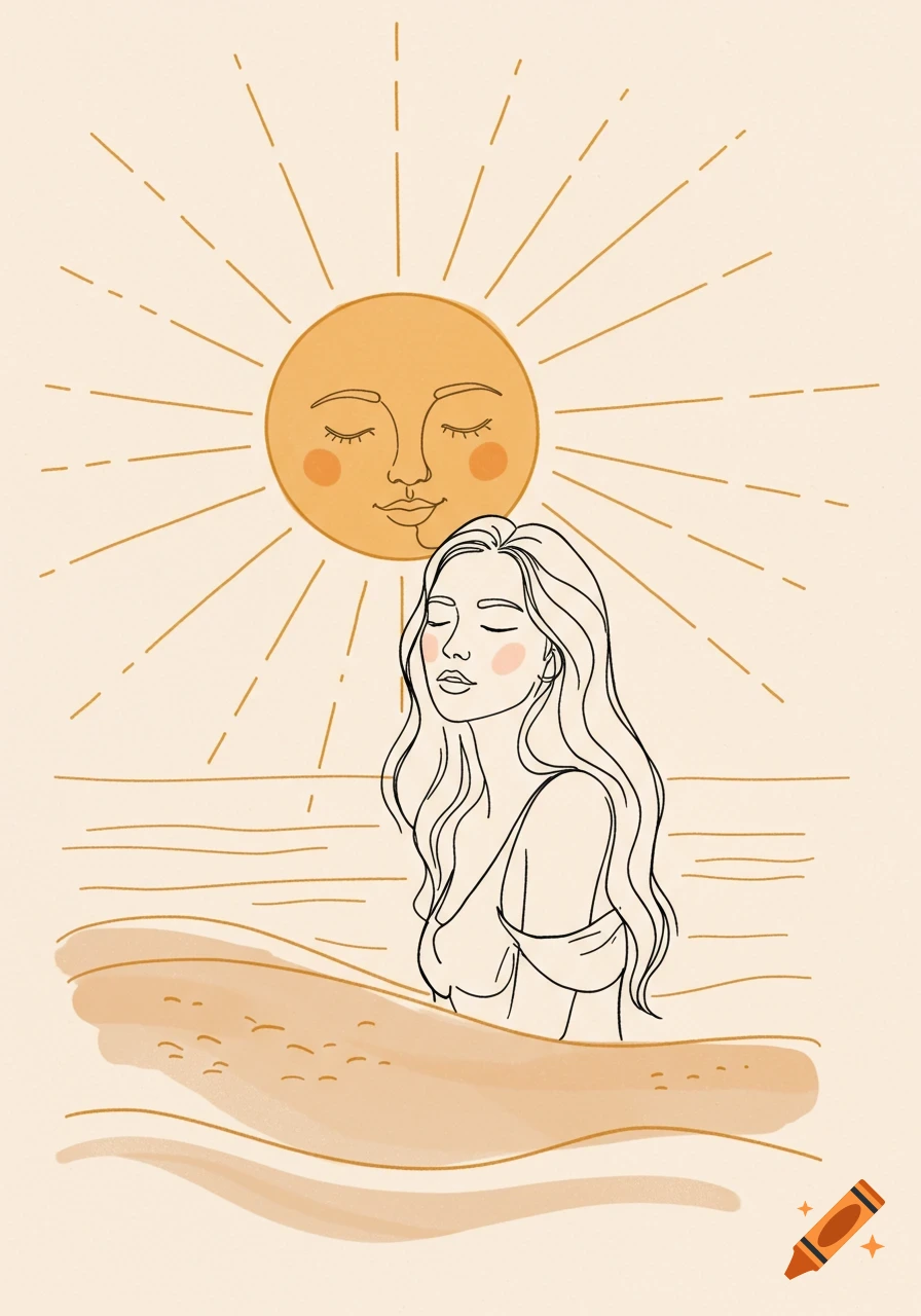 Minimalist line art illustration of a woman on a beach with a stylized smiling sun.