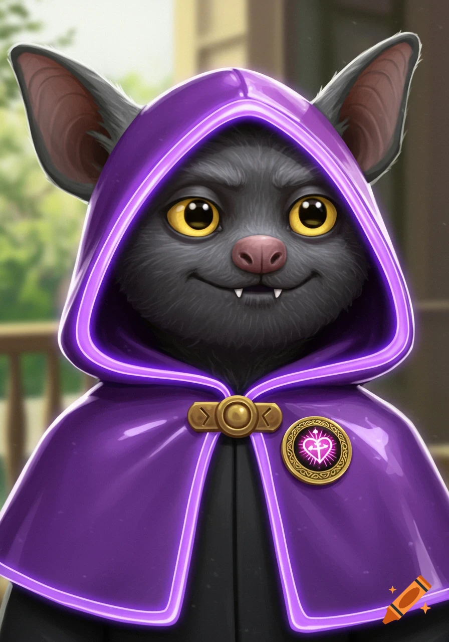 A stylized dark grey bat character wears a purple hooded cape with glowing trim and a heart brooch.