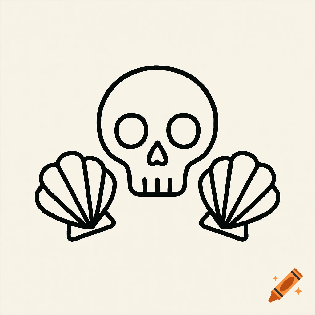 Simple line art logo of a skull with two seashells.