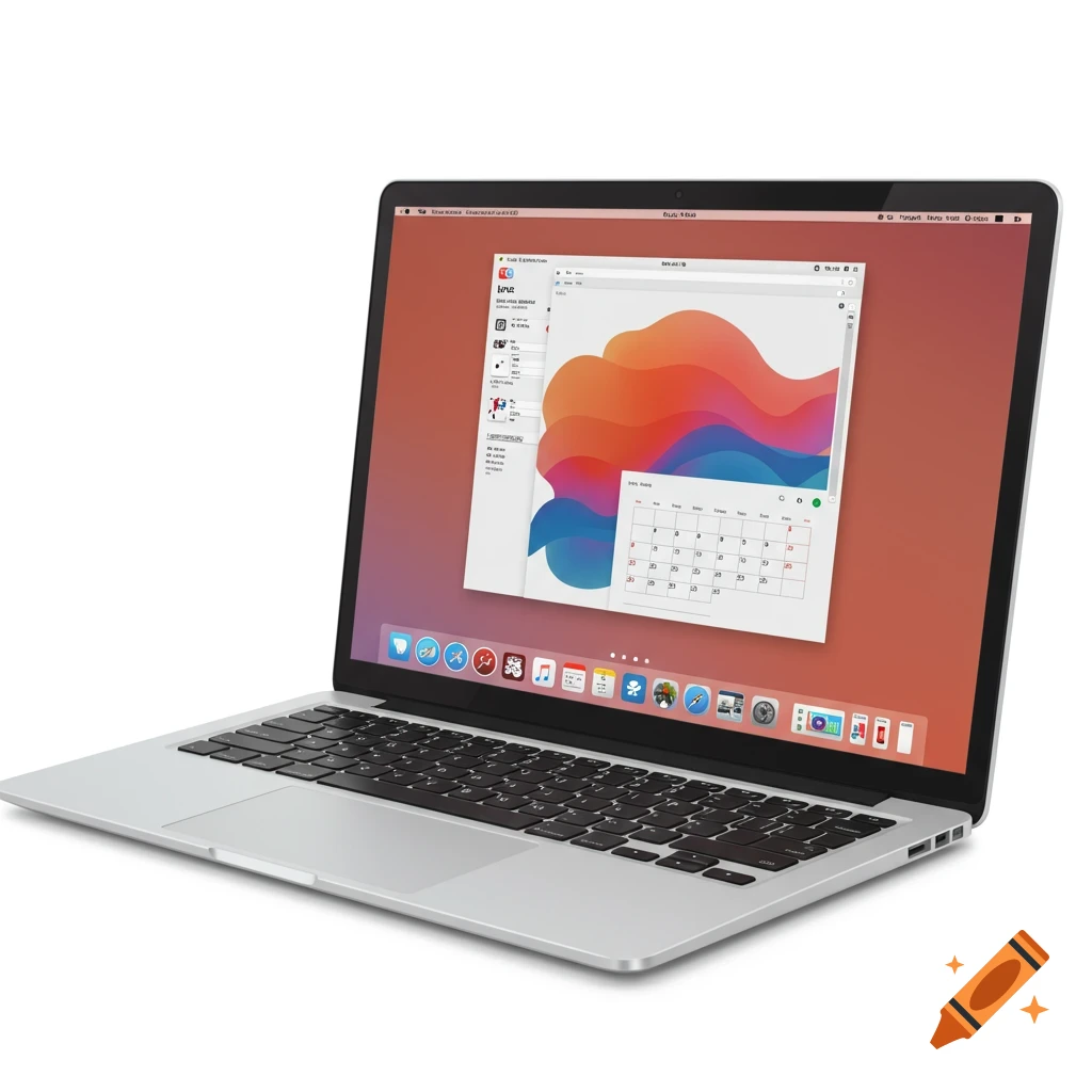 A silver laptop computer with its screen displaying a calendar and abstract shapes, placed on a white background.