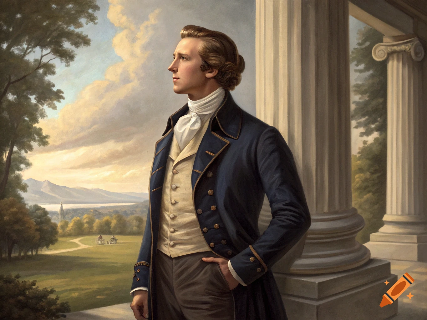 Painting of a man in historical attire standing by columns in a landscape.