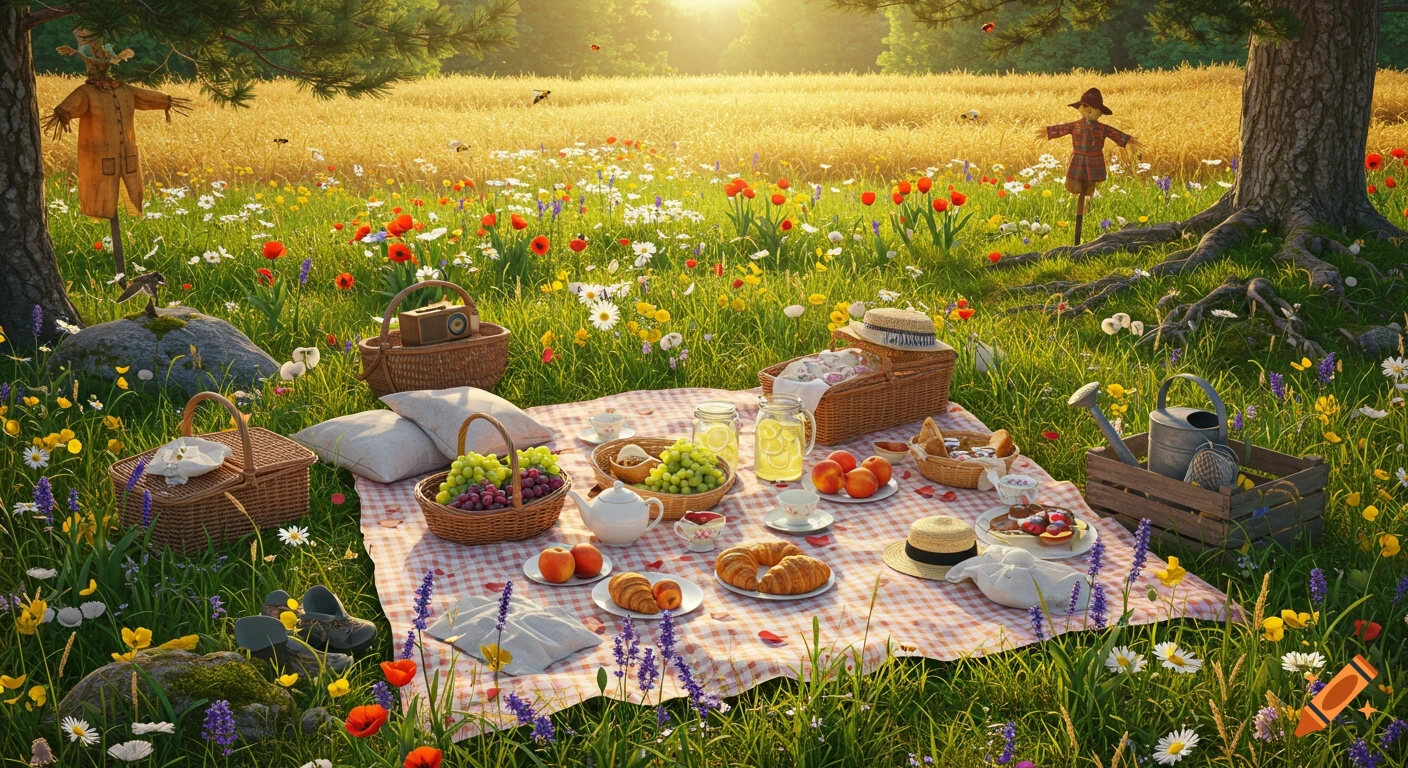 A detailed scene of a picnic blanket laid out in a sunlit meadow filled with wildflowers, baskets of food, and scarecrows.