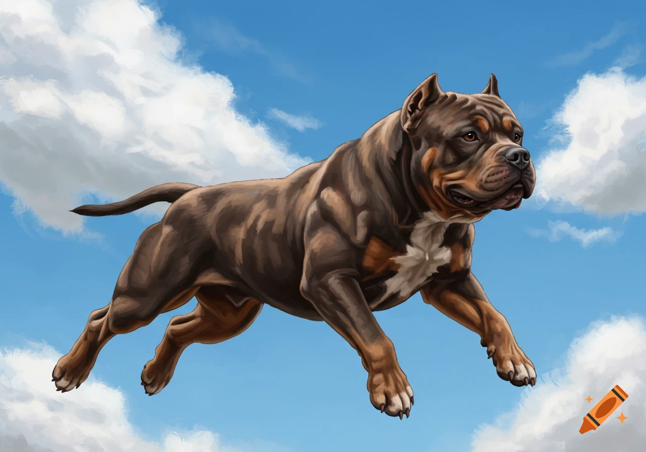 A muscular American Bully dog flying through a blue sky