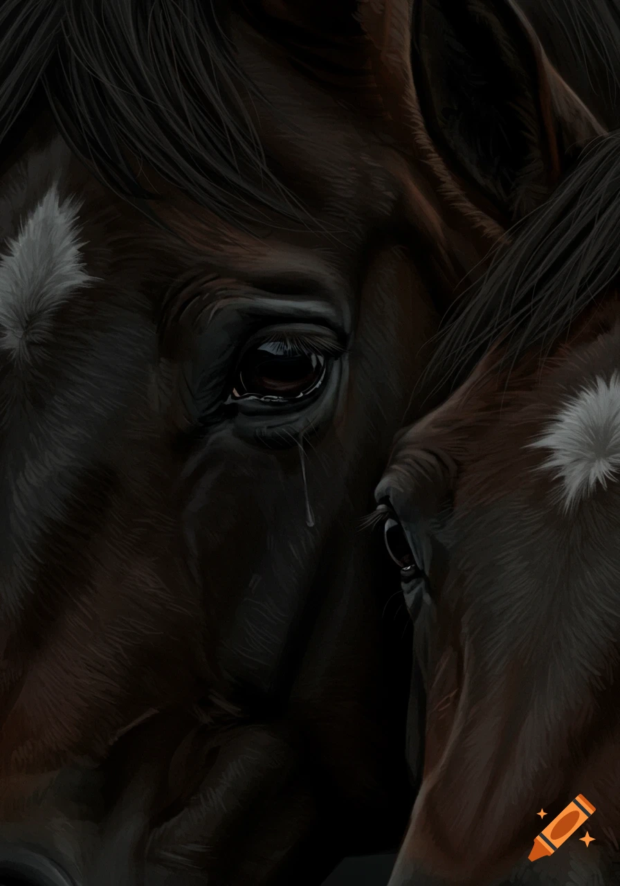 Close-up image of two brown horses' eyes, one shedding a tear.