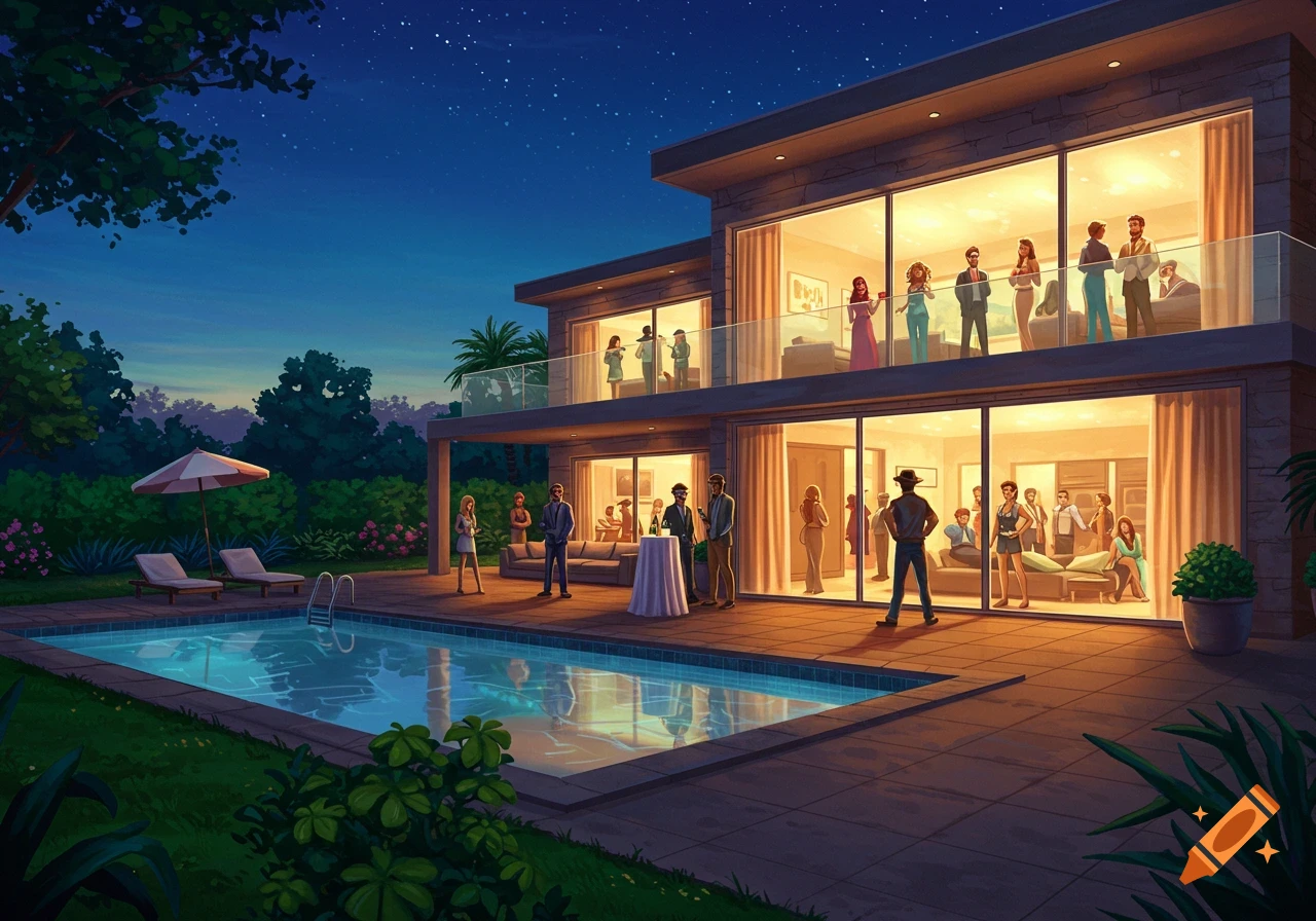 A night pool party at a luxurious modern house.
