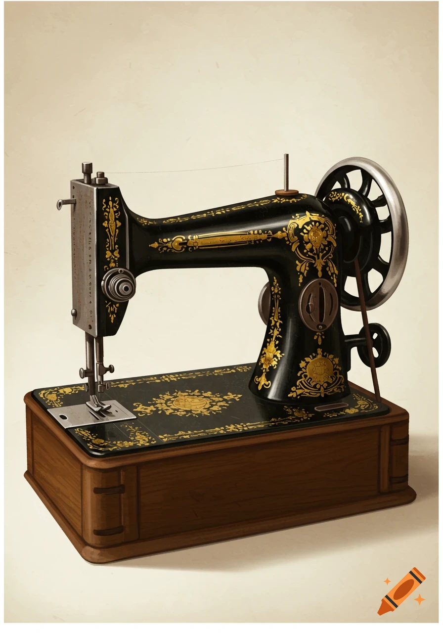 A black and gold antique sewing machine rests on a wooden base