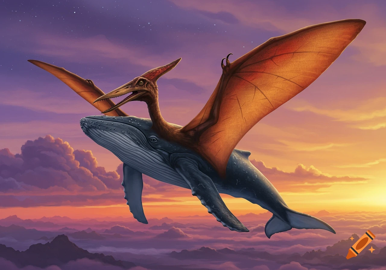 A whale with pterodactyl wings soars through a sunset sky over clouds and mountains.