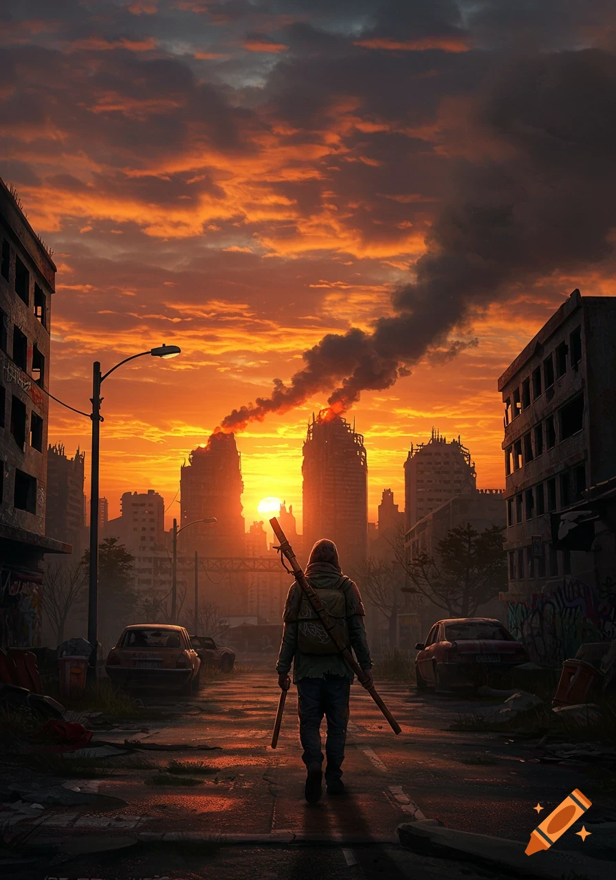 A person walks through a ruined city at sunset, with burning buildings and smoke.
