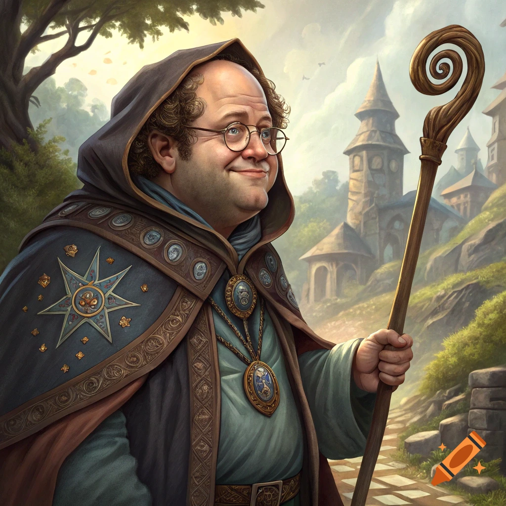 A man in a hooded robe holds a staff, standing on a path leading to fantasy buildings.