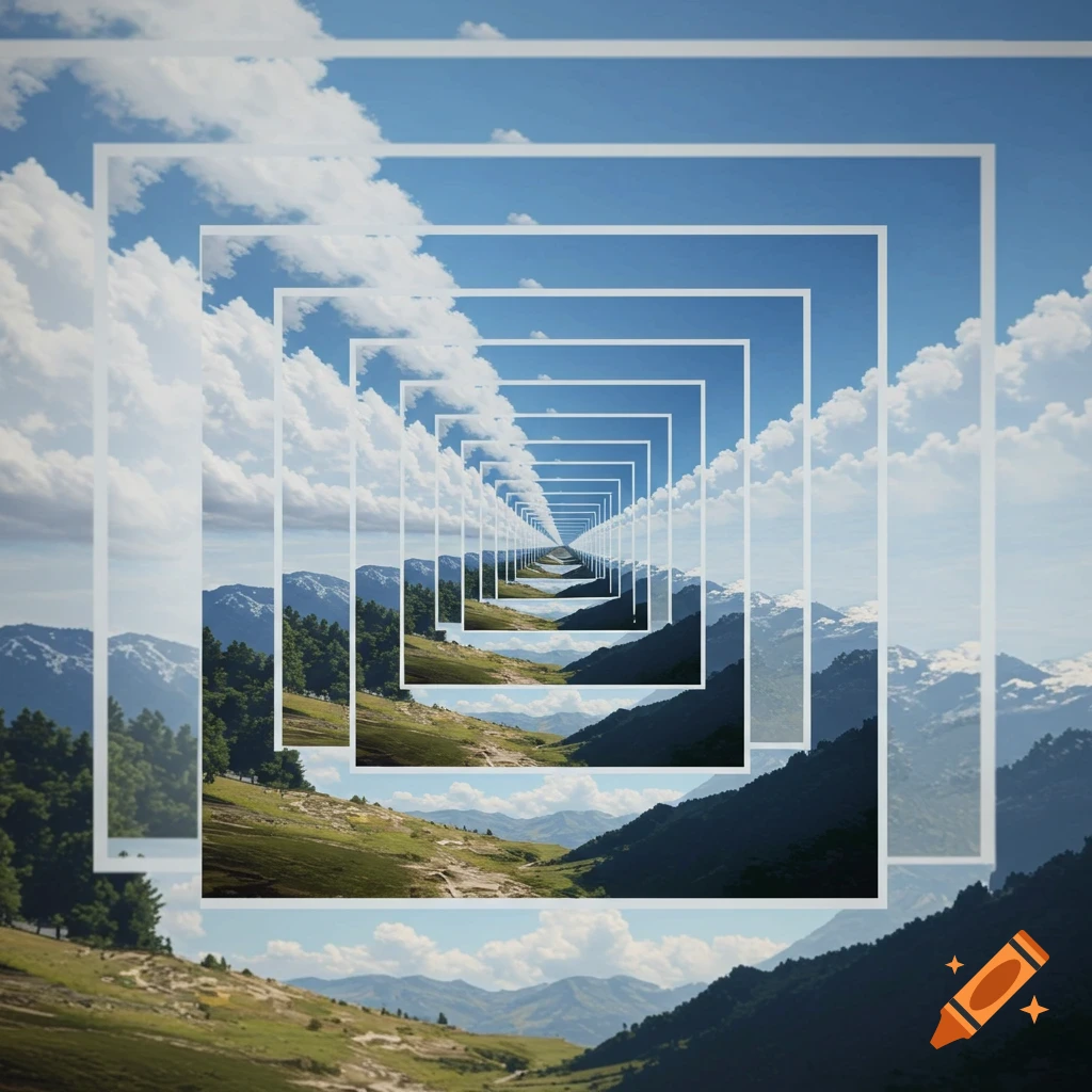A recursive image showing a landscape with mountains, trees, sky, and clouds within white frames, repeating smaller into the distance.