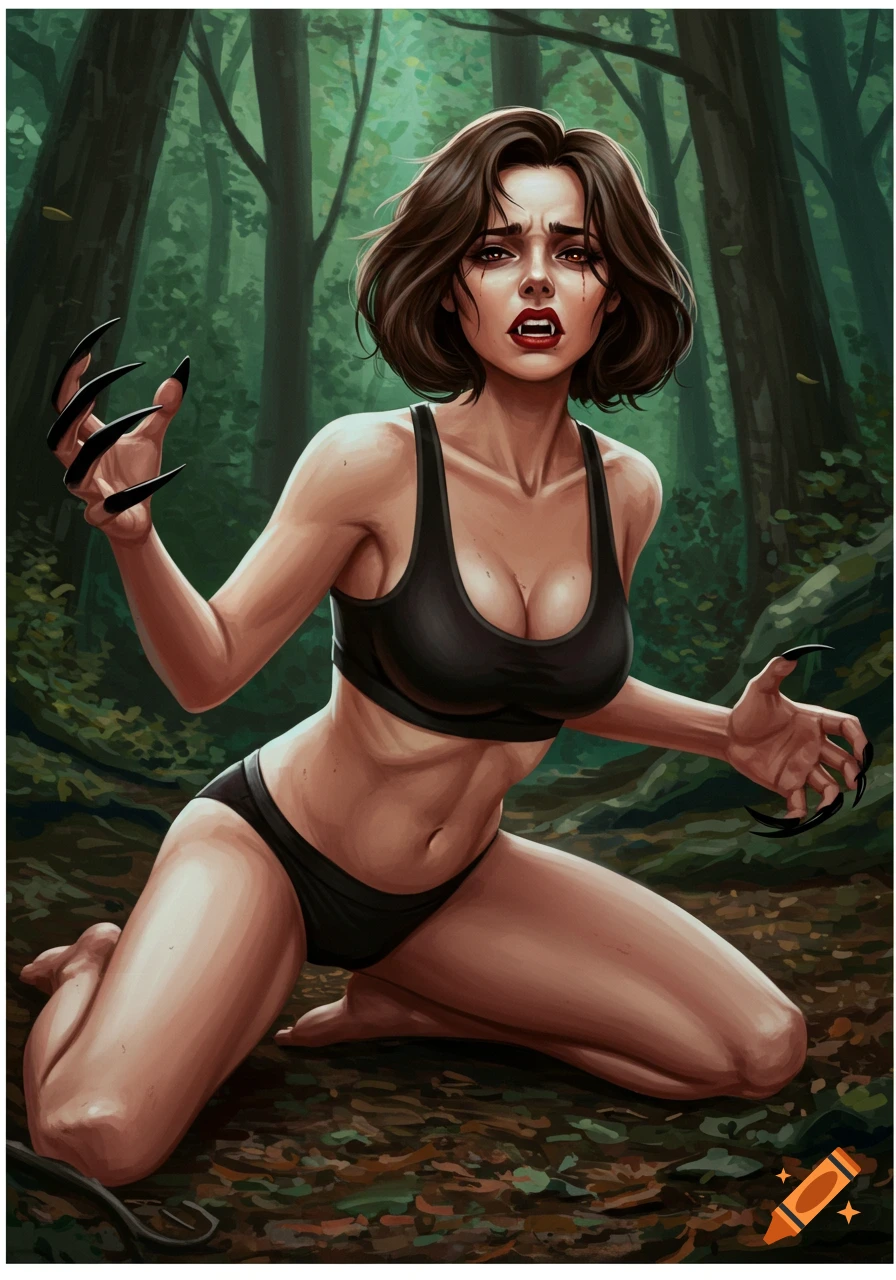A woman transforming into a werewolf in a forest