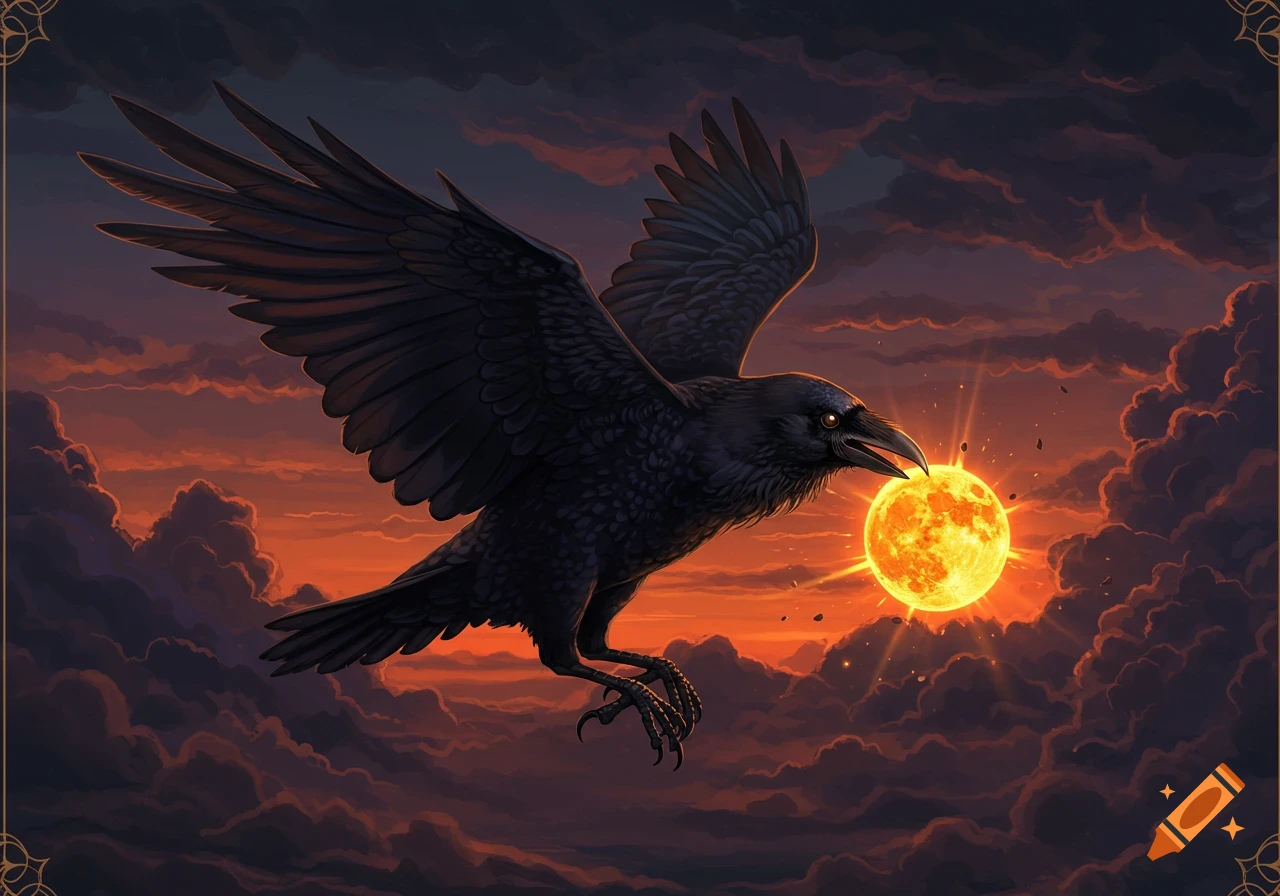 A black raven flies through dark clouds at sunset, holding a glowing yellow orb in its beak.