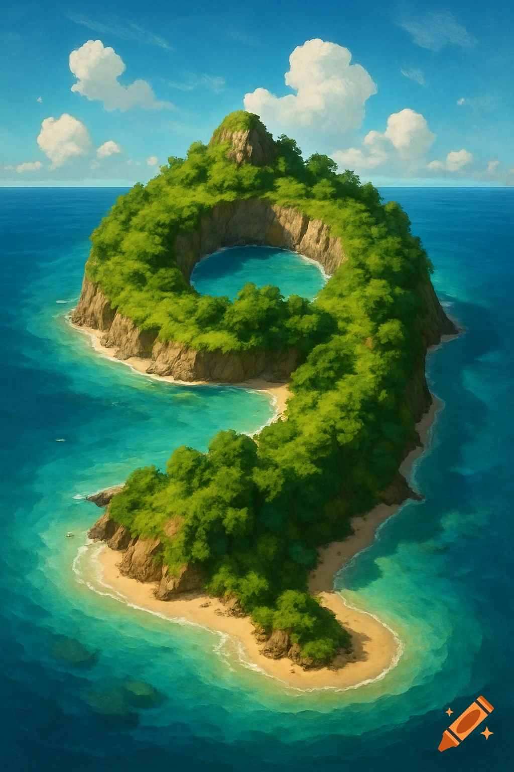 A tropical island shaped like the number 9 in the ocean.