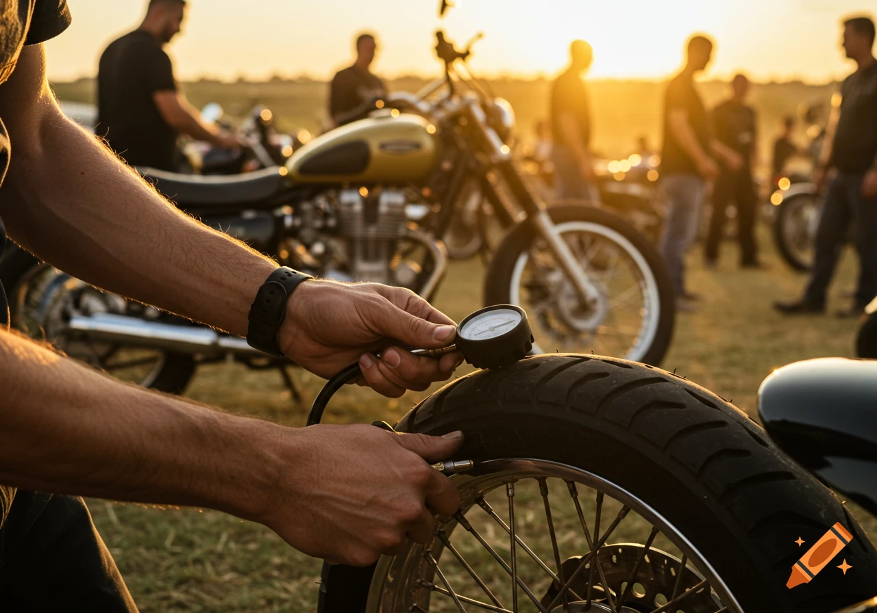 Hands check a motorcycle tire with a pressure gauge at sunset. Other people and motorcycles are visible in the background.