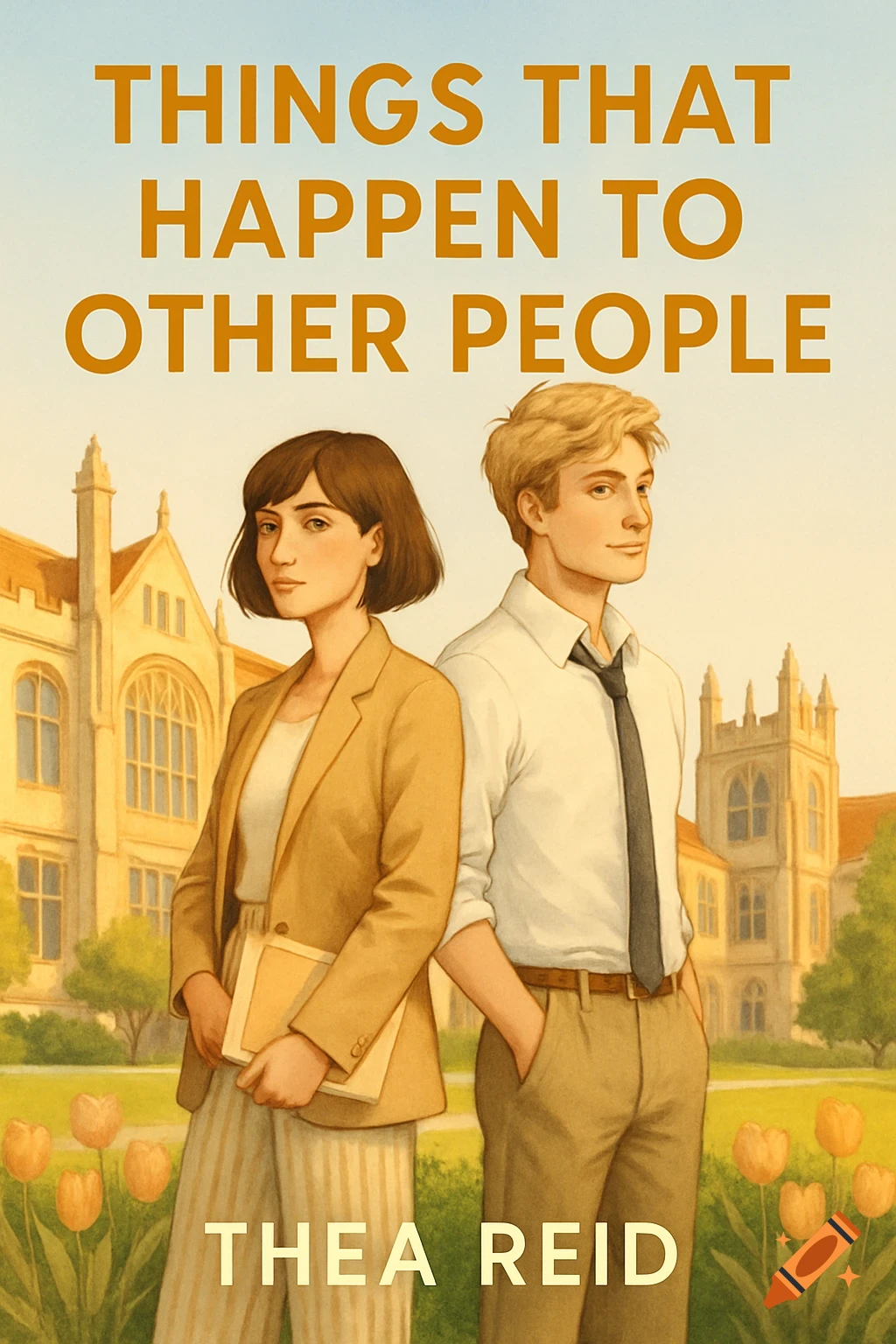 Illustrated book cover featuring two young adults standing in front of a college building, with tulips in the foreground.