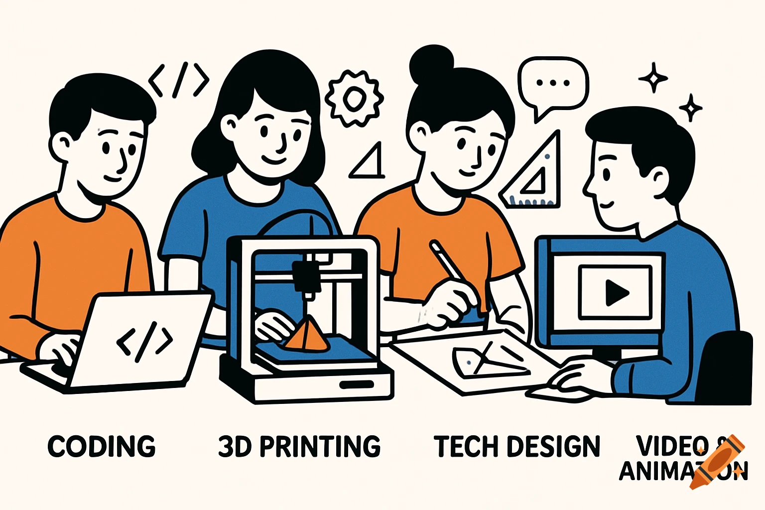 Vector illustration of students learning coding, 3D printing, tech design, and video animation.
