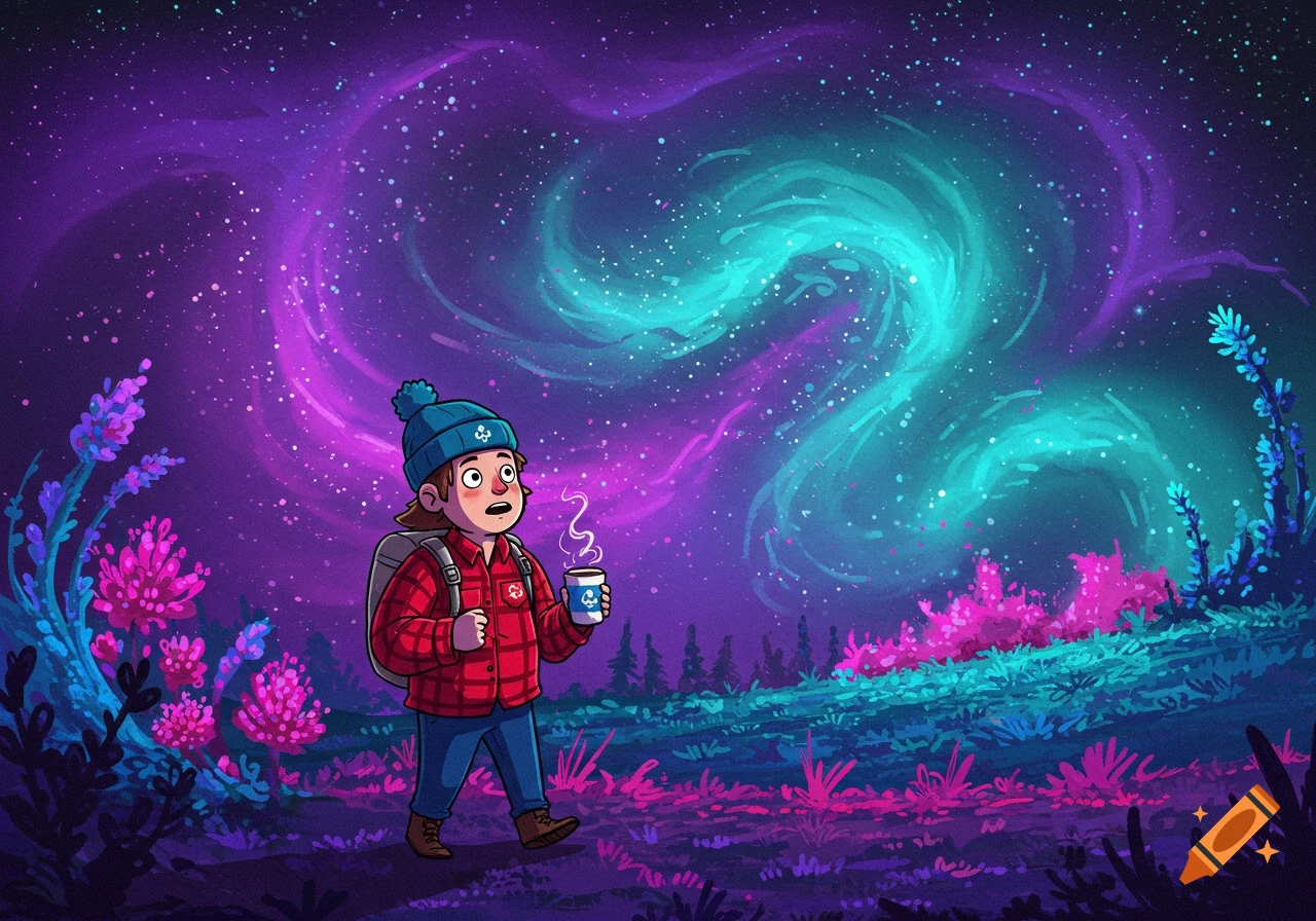 Cartoon person hikes under a colorful cosmic sky.