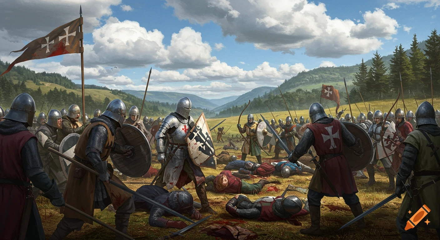 A chaotic medieval battle scene with knights and soldiers fighting on a grassy field.