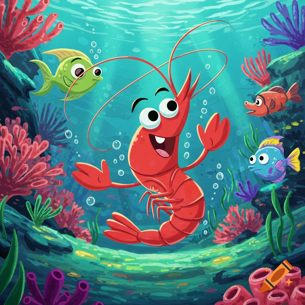 A cheerful cartoon shrimp swims underwater with colorful fish and coral in a digital illustration.