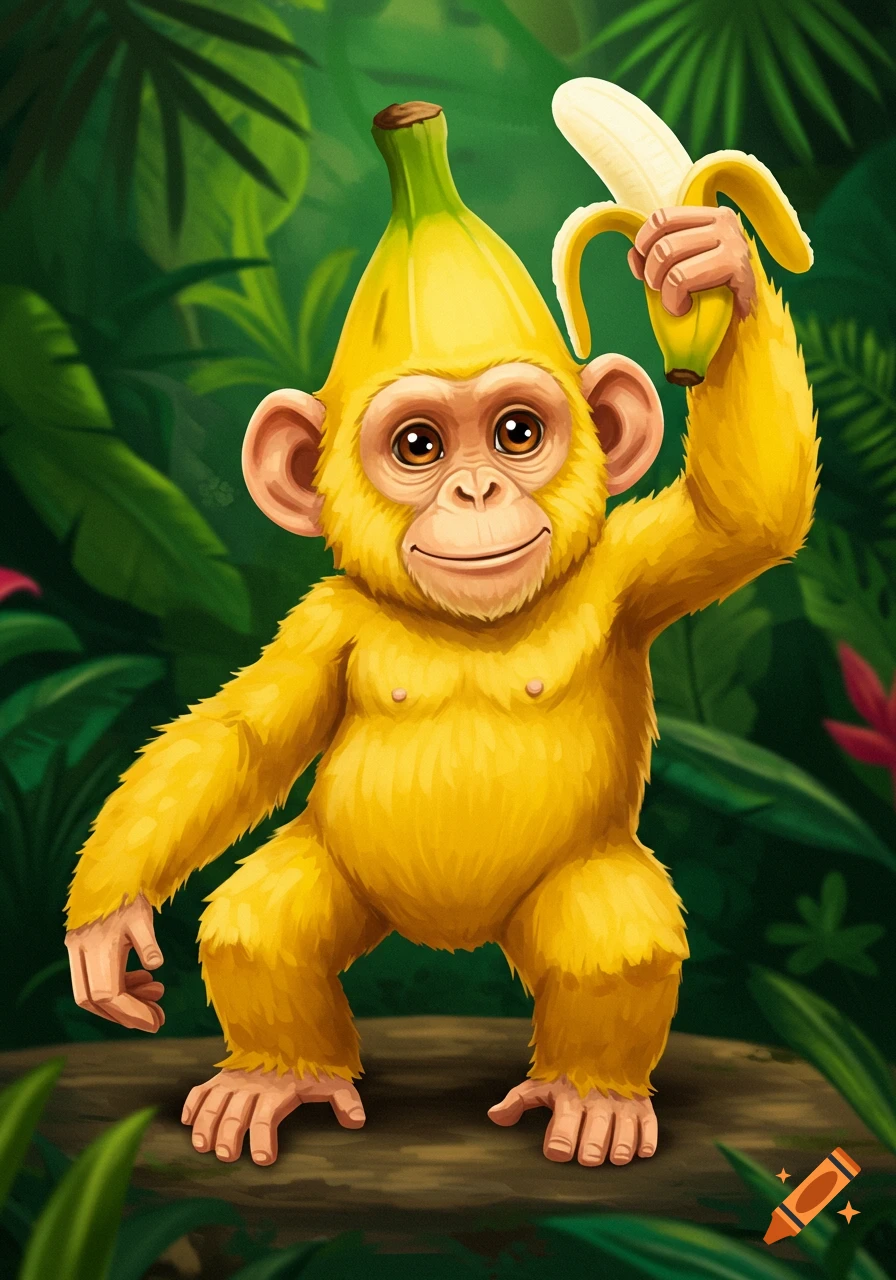 A cartoon monkey wearing a banana hat and holding a banana in a jungle.